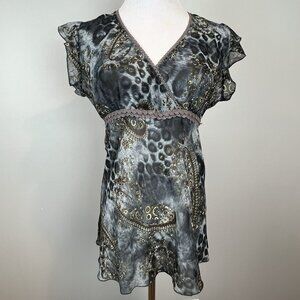 Vtg 90s Y2K Babydoll Blouse Juniors Size Large Fairycore Blue Sheer Going Out